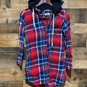 Tommy Hilfiger XS Red Plaid Hooded Button Tunic